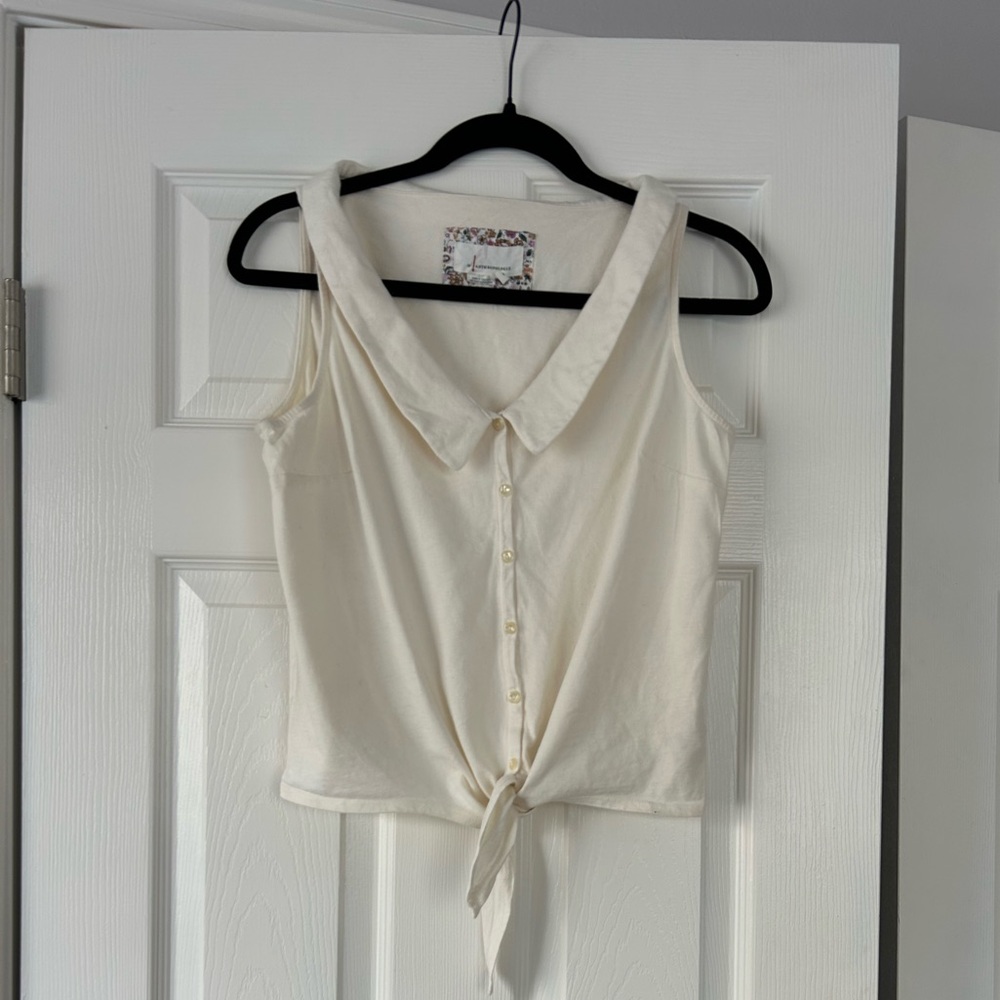 Anthropologie Cream Tie-Front Collared Blouse Medium